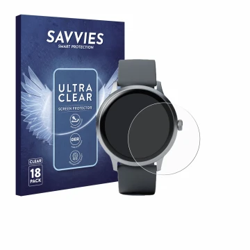 Parte frontal de un envase de producto con el logotipo de la marca Savvies. Al lado se muestra el dispositivo Pebble Round 2 c