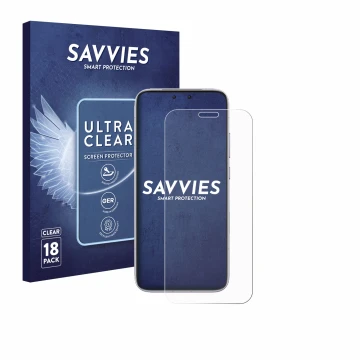 Parte frontal de un envase de producto con el logotipo de la marca Savvies. Al lado se muestra el dispositivo Honor Magic 8 RS