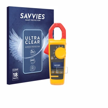 Parte frontal de un envase de producto con el logotipo de la marca Savvies. Al lado se muestra el dispositivo Fluke 325 con su