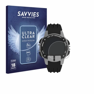 Parte frontal de un envase de producto con el logotipo de la marca Savvies. Al lado se muestra el dispositivo Timex Ironman TW