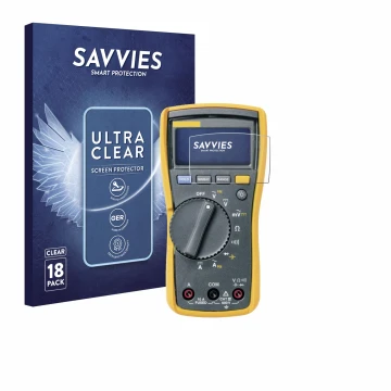 Parte frontal de un envase de producto con el logotipo de la marca Savvies. Al lado se muestra el dispositivo Fluke MultiMeter