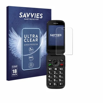 Parte frontal de un envase de producto con el logotipo de la marca Savvies. Al lado se muestra el dispositivo Simvalley Mobile
