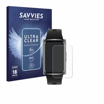 Parte frontal de un envase de producto con el logotipo de la marca Savvies. Al lado se muestra el dispositivo Huawei Band 11 P