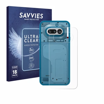 Parte frontal de un envase de producto con el logotipo de la marca Savvies. Al lado se muestra el dispositivo Nothing Phone (4
