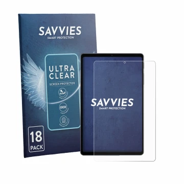 Parte frontal de un envase de producto con el logotipo de la marca Savvies. Al lado se muestra el dispositivo Alldocube iPlay 