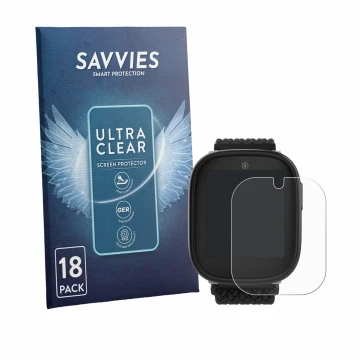 Parte frontal de un envase de producto con el logotipo de la marca Savvies. Al lado se muestra el dispositivo Xplora X6 Play e