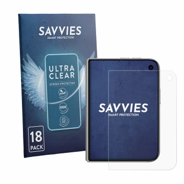 Parte frontal de un envase de producto con el logotipo de la marca Savvies. Al lado se muestra el dispositivo Apple iPhone Duo