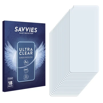 Parte frontal de un envase de producto con el logotipo de la marca Savvies. Al lado está el protector de pantalla correspondie