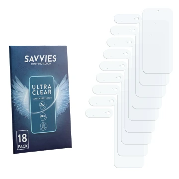 Parte frontal de un envase de producto con el logotipo de la marca Savvies. Al lado está el protector de pantalla correspondie