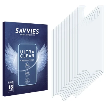 Parte frontal de un envase de producto con el logotipo de la marca Savvies. Al lado está el protector de pantalla correspondie