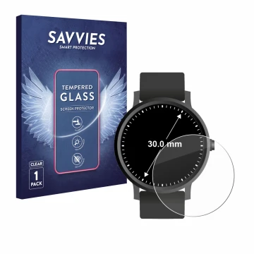 Parte frontal de un envase de producto con el logotipo de la marca Savvies. Al lado se muestra el dispositivo Relojes (Circula