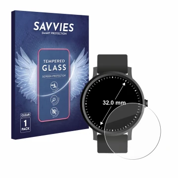 Parte frontal de un envase de producto con el logotipo de la marca Savvies. Al lado se muestra el dispositivo Relojes (Circula