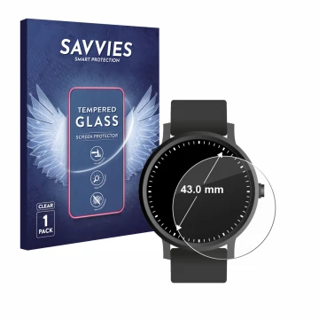Parte frontal de un envase de producto con el logotipo de la marca Savvies. Al lado se muestra el dispositivo Relojes (Circula