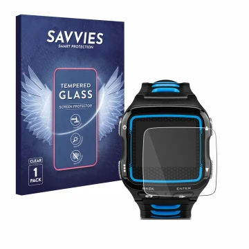 Parte frontal de un envase de producto con el logotipo de la marca Savvies. Al lado se muestra el dispositivo Garmin Forerunne