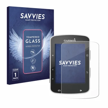 Parte frontal de un envase de producto con el logotipo de la marca Savvies. Al lado se muestra el dispositivo Garmin Edge 520 