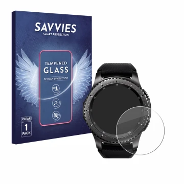 Parte frontal de un envase de producto con el logotipo de la marca Savvies. Al lado se muestra el dispositivo Samsung Gear S3 