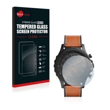 Parte frontal de un envase de producto con el logotipo de la marca Savvies. Al lado se muestra el dispositivo Fossil Q Nate co