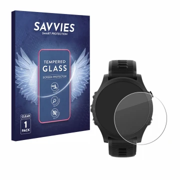 Parte frontal de un envase de producto con el logotipo de la marca Savvies. Al lado se muestra el dispositivo Garmin Forerunne