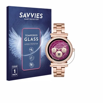 Parte frontal de un envase de producto con el logotipo de la marca Savvies. Al lado se muestra el dispositivo Michael Kors Acc