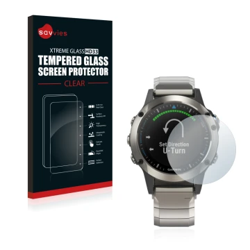 Parte frontal de un envase de producto con el logotipo de la marca Savvies. Al lado se muestra el dispositivo Garmin quatix 5 