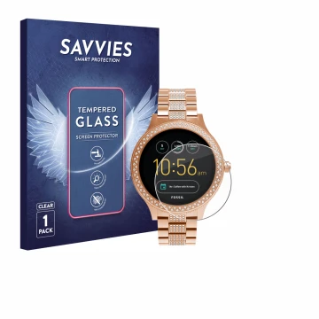 Parte frontal de un envase de producto con el logotipo de la marca Savvies. Al lado se muestra el dispositivo Fossil Q Venture
