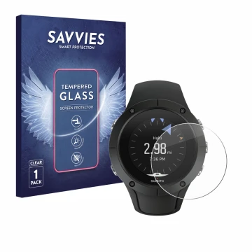 Parte frontal de un envase de producto con el logotipo de la marca Savvies. Al lado se muestra el dispositivo Suunto Spartan T