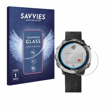 Parte frontal de un envase de producto con el logotipo de la marca Savvies. Al lado se muestra el dispositivo Garmin Forerunne