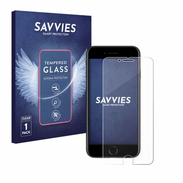 Parte frontal de un envase de producto con el logotipo de la marca Savvies. Al lado se muestra el dispositivo Apple iPhone SE 
