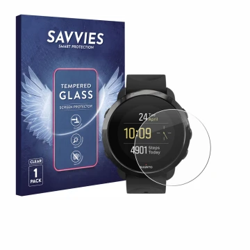 Parte frontal de un envase de producto con el logotipo de la marca Savvies. Al lado se muestra el dispositivo Suunto 3 Fitness