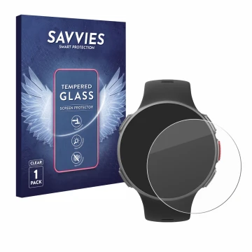 Parte frontal de un envase de producto con el logotipo de la marca Savvies. Al lado se muestra el dispositivo Polar Vantage V 
