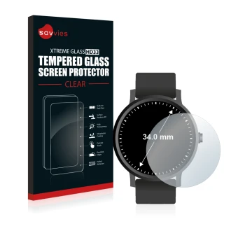 Parte frontal de un envase de producto con el logotipo de la marca Savvies. Al lado se muestra el dispositivo Circular Display