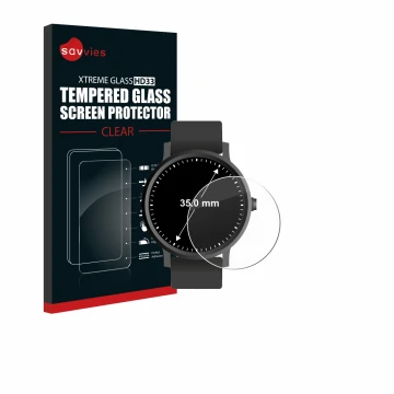 Parte frontal de un envase de producto con el logotipo de la marca Savvies. Al lado se muestra el dispositivo Circular Display