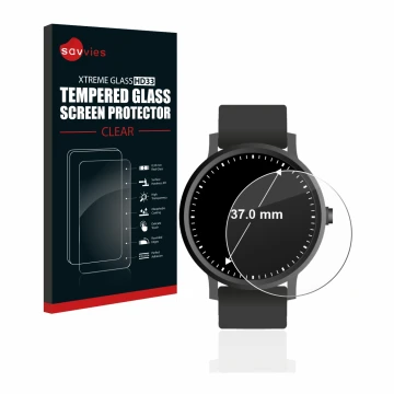 Parte frontal de un envase de producto con el logotipo de la marca Savvies. Al lado se muestra el dispositivo Circular Display