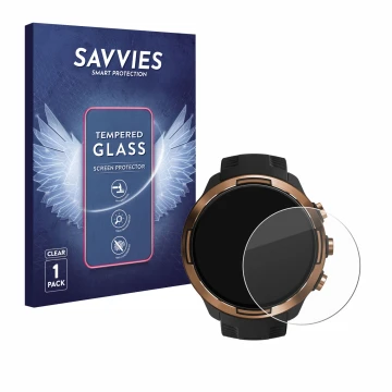 Parte frontal de un envase de producto con el logotipo de la marca Savvies. Al lado se muestra el dispositivo Suunto 9 Baro co