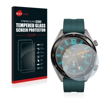 Parte frontal de un envase de producto con el logotipo de la marca Savvies. Al lado se muestra el dispositivo Huawei Watch GT 