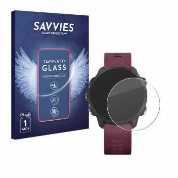Parte frontal de un envase de producto con el logotipo de la marca Savvies. Al lado se muestra el dispositivo Garmin Forerunne