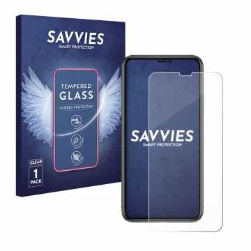 Parte frontal de un envase de producto con el logotipo de la marca Savvies. Al lado se muestra el dispositivo Apple iPhone 11 