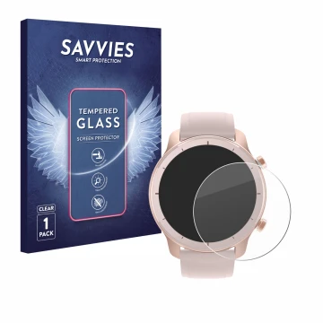 Parte frontal de un envase de producto con el logotipo de la marca Savvies. Al lado se muestra el dispositivo Huami Amazfit GT