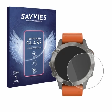 Parte frontal de un envase de producto con el logotipo de la marca Savvies. Al lado se muestra el dispositivo Garmin Fenix 6 P