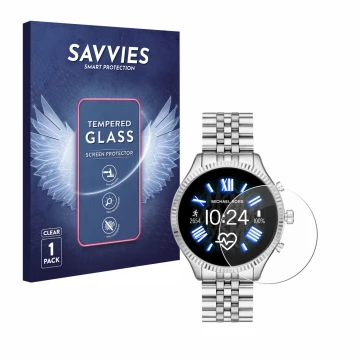 Parte frontal de un envase de producto con el logotipo de la marca Savvies. Al lado se muestra el dispositivo Michael Kors Acc