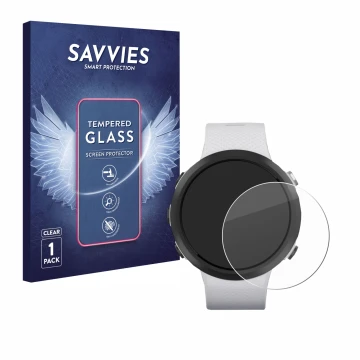 Parte frontal de un envase de producto con el logotipo de la marca Savvies. Al lado se muestra el dispositivo Garmin Swim 2 co