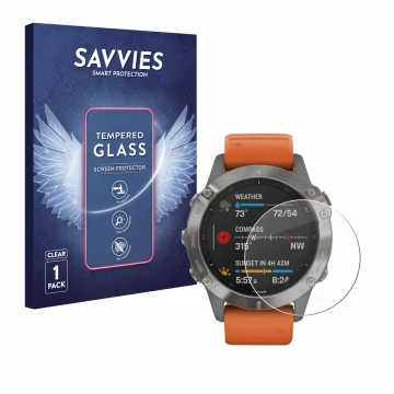 Parte frontal de un envase de producto con el logotipo de la marca Savvies. Al lado se muestra el dispositivo Garmin Fenix 6 c