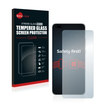 Parte frontal de un envase de producto con el logotipo de la marca Savvies. Al lado se muestra el dispositivo Huawei P40 con s