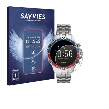 Parte frontal de un envase de producto con el logotipo de la marca Savvies. Al lado se muestra el dispositivo Fossil Garrett H