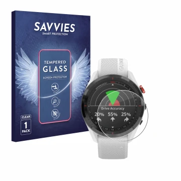 Parte frontal de un envase de producto con el logotipo de la marca Savvies. Al lado se muestra el dispositivo Garmin Approach 