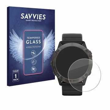 Parte frontal de un envase de producto con el logotipo de la marca Savvies. Al lado se muestra el dispositivo Garmin Fenix 6X 
