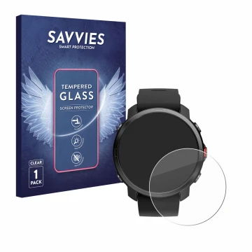Parte frontal de un envase de producto con el logotipo de la marca Savvies. Al lado se muestra el dispositivo Polar Grit X con