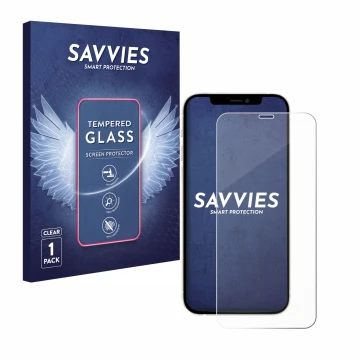 Parte frontal de un envase de producto con el logotipo de la marca Savvies. Al lado se muestra el dispositivo Apple iPhone 12 