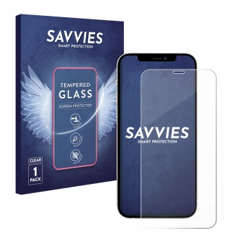 Parte frontal de un envase de producto con el logotipo de la marca Savvies. Al lado se muestra el dispositivo Apple iPhone 12 