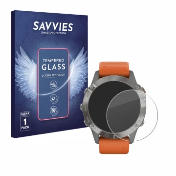 Parte frontal de un envase de producto con el logotipo de la marca Savvies. Al lado se muestra el dispositivo Garmin Fenix 6 P